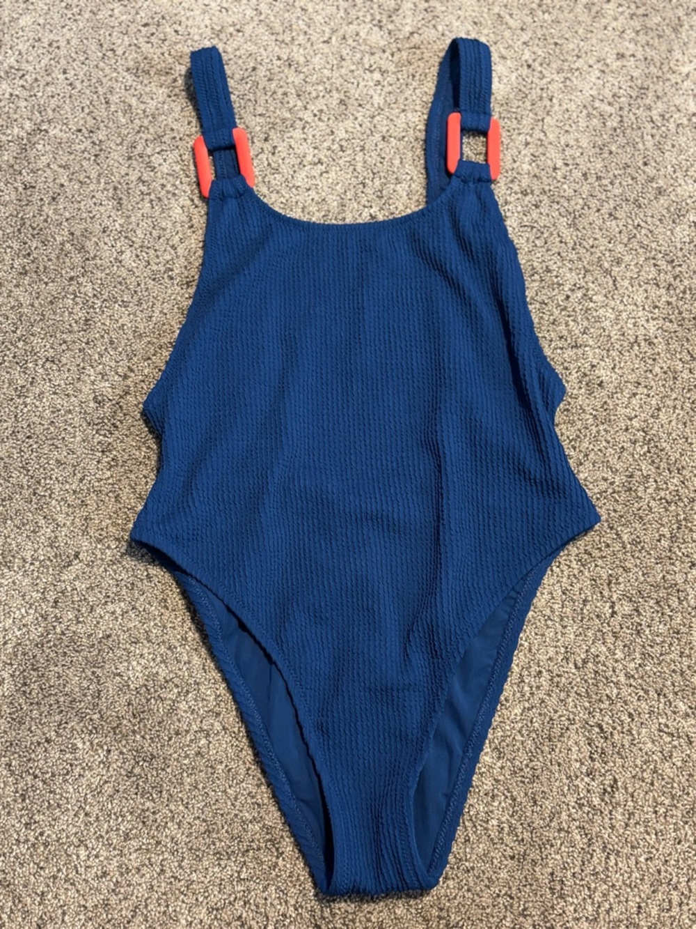 aerie Textured blue One-Piece cheekiest Swimsuit with Orange Strap Accents